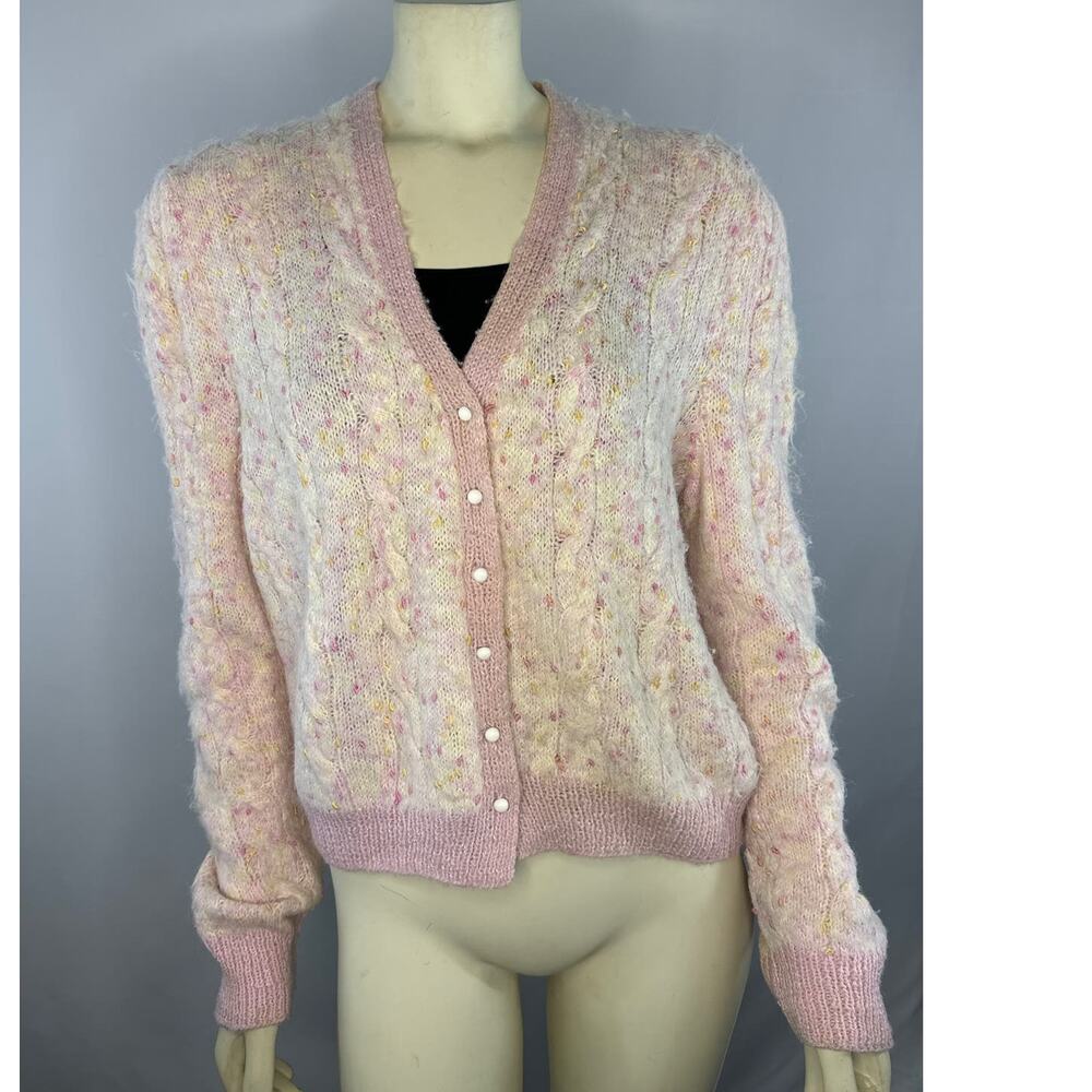 American vintage OOAK hand knit Mohair cardigan in shades of pink size medium